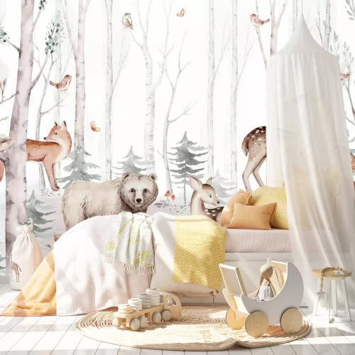 Fotobehang Dieren in het bos in aquarelstijl