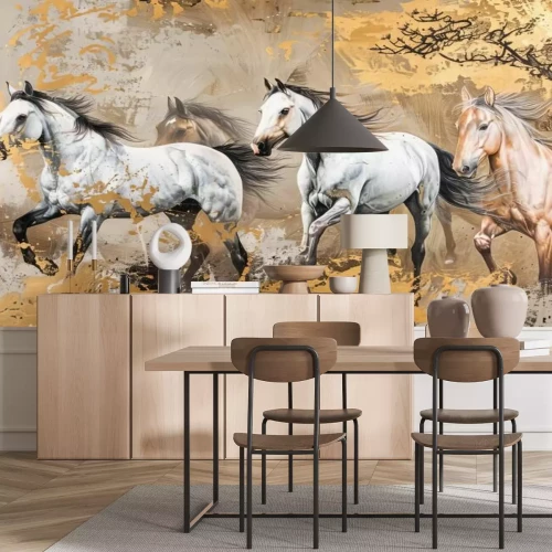 Fotobehang Paarden in een dynamische compositie met gouden vlekken