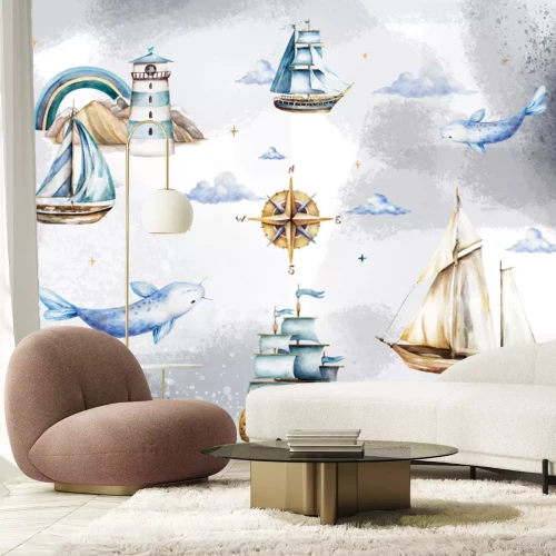 Fotobehang Zeepatroon met vis, vuurtoren en schip aquarelillustratie voor kinderen