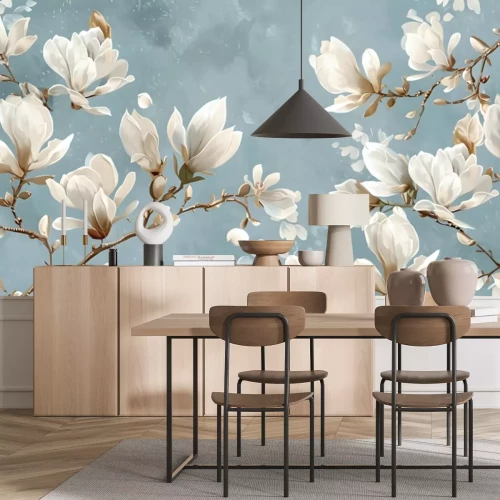 Fotobehang Delicate vintage magnolia flowers on light blue background, perfect for floral pattern wallpaper