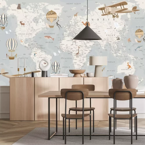 Fotobehang children's retro world map with animals, balloons, airplanes on a gray background