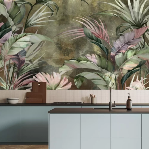 Fotobehang Tropische bananen- en palmbladeren in pastelkleuren