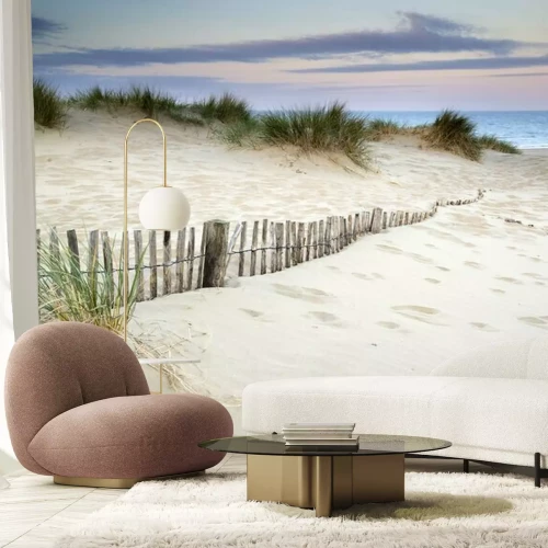 Fotobehang Met gras begroeide duinen aan zee