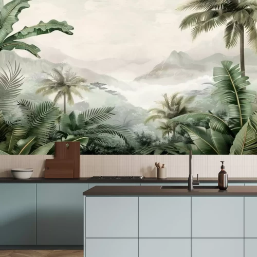 Fotobehang Tropische jungle met mistige heuvels op de achtergrond