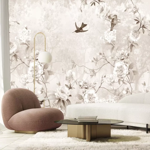 Fotobehang Bloeiende rozen en vogels in beigetinten