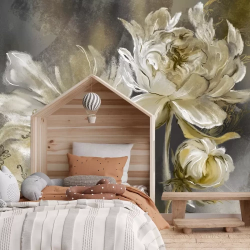 Fotobehang Geschilderde bloemen en ornamenten op beton