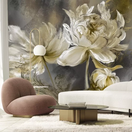 Fotobehang Geschilderde bloemen en ornamenten op beton