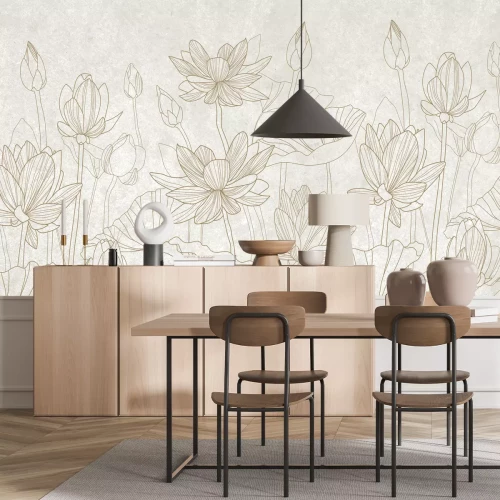 Fotobehang Lelies op een beige achtergrond in schetsstijl