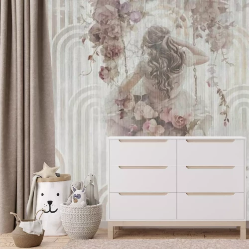 Fotobehang Bloemenschommel met een meisje op een geometrische achtergrond