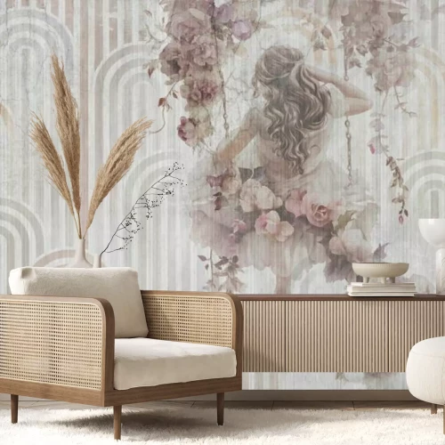 Fotobehang Bloemenschommel met een meisje op een geometrische achtergrond