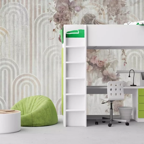 Fotobehang Bloemenschommel met een meisje op een geometrische achtergrond