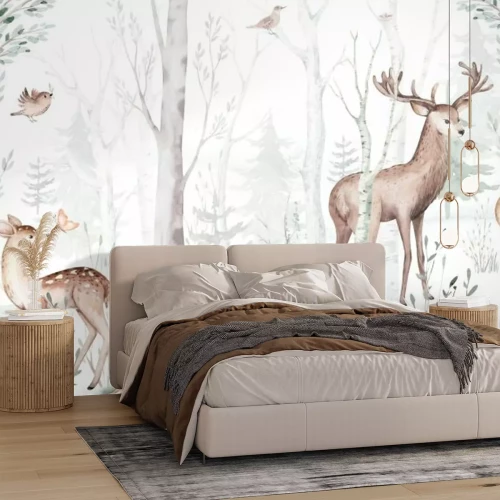 Fotobehang Herten en reeën in een schilderachtig bos