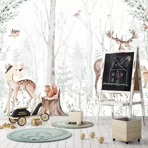 Fotobehang Herten en reeën in een schilderachtig bos