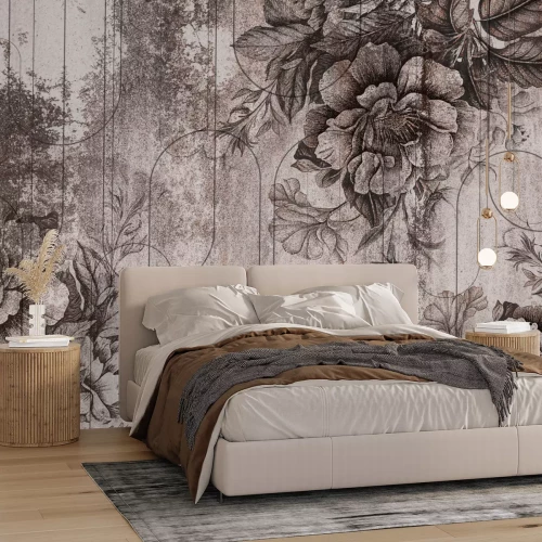 Fotobehang Bloemen en geometrische vormen in vintage stijl