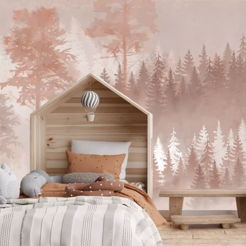 Fotobehang Mistig bos, aquarel landschap