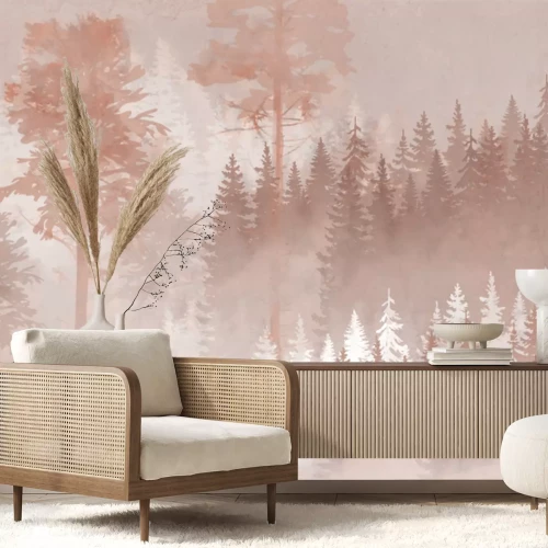 Fotobehang Mistig bos, aquarel landschap