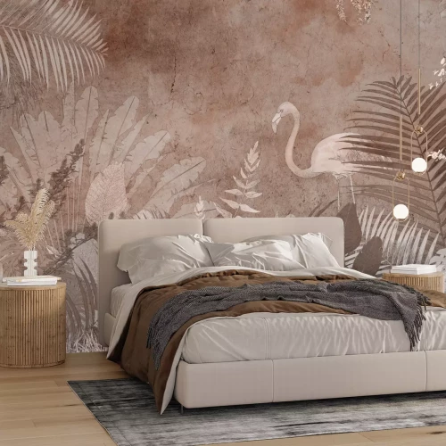 Fotobehang Flamingo en tropische planten, palmbladeren op beton