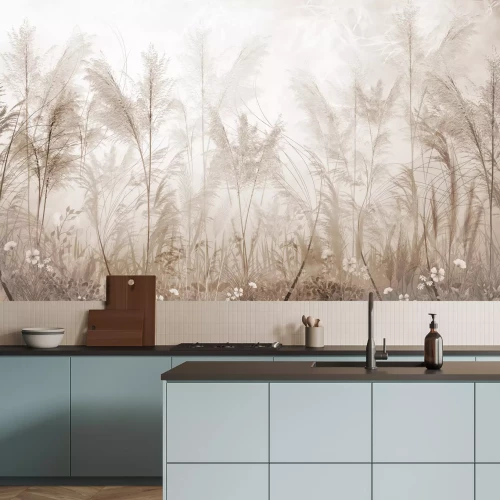 Fotobehang Beige gras en witte bloemen, botanisch patroon