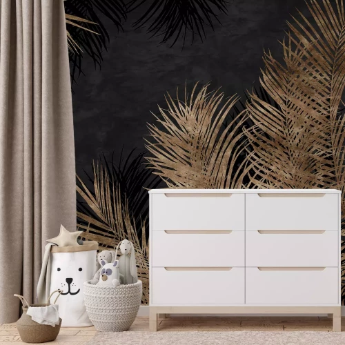 Fotobehang Gouden palmbladeren, tropische planten, botanisch patroon