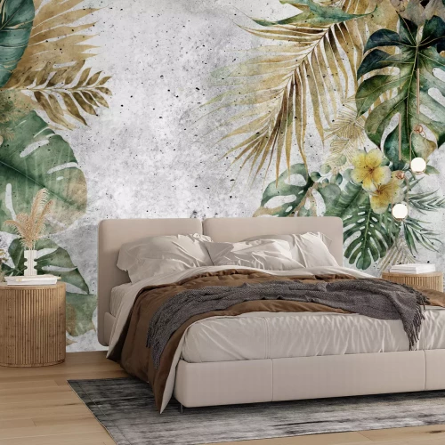 Fotobehang Tropische bladeren, monstera en palmen op beton