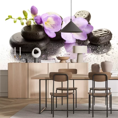 Sticker Spa stenen en paarse bloemen, geïsoleerd op wit