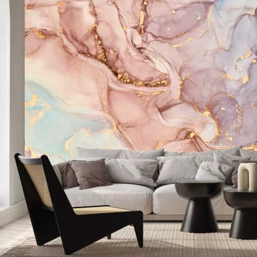 Fotobehang Roze marmer met gouden versieringen