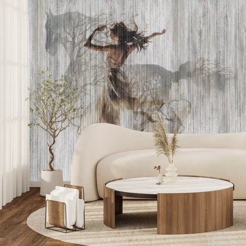 Fotobehang Dansende vrouw en galopperend paard