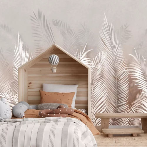 Fotobehang Witte palmbladeren op een beige achtergrond