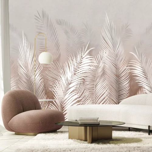 Fotobehang Witte palmbladeren op een beige achtergrond