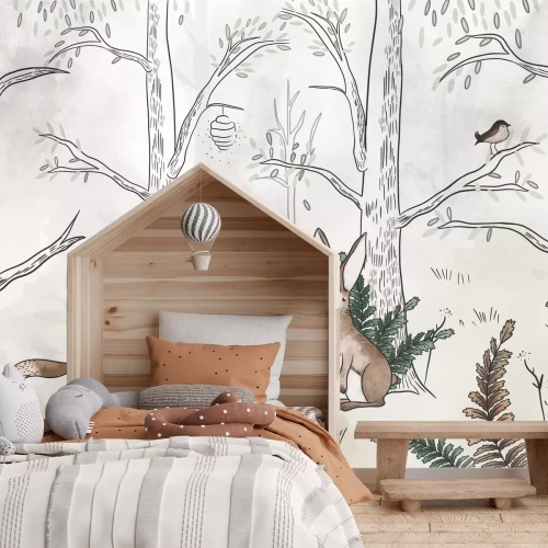 Fotobehang Bosdieren landschap bos aquarel