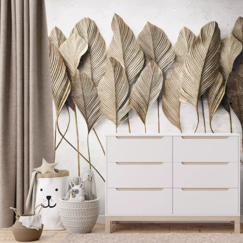 Fotobehang Grote tropische bladeren op een betonnen achtergrond