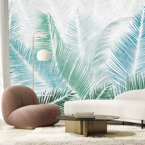 Fotobehang Botanisch patroon met blauwe en groene palmbladeren