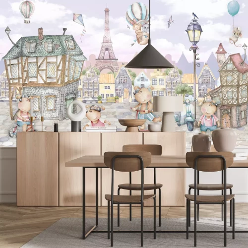 Fotobehang Dieren in een aquarelstad