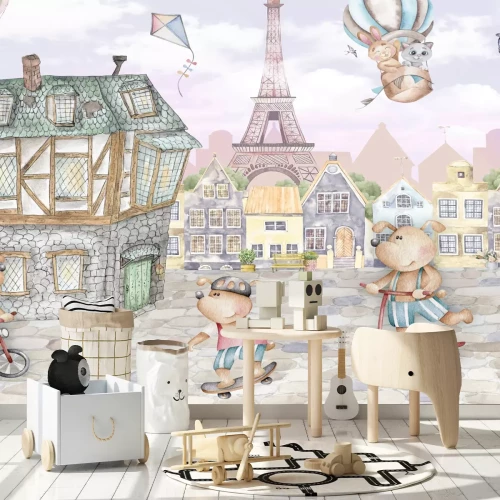 Fotobehang Dieren in een aquarelstad