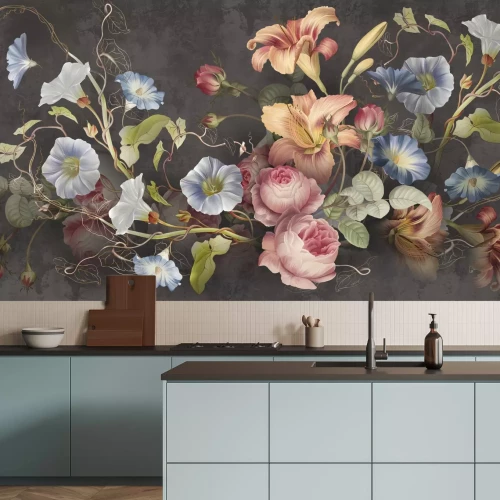 Fotobehang Kleurrijke bloemen op een donkere achtergrond