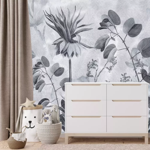 Fotobehang Monochroom botanisch patroon met tropische vegetatie