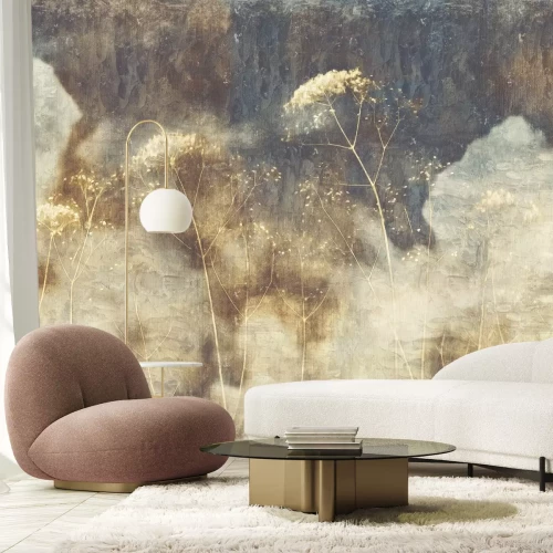 Fotobehang Wilde bloemen en wilde planten op een betonnen loft-achtige achtergrond