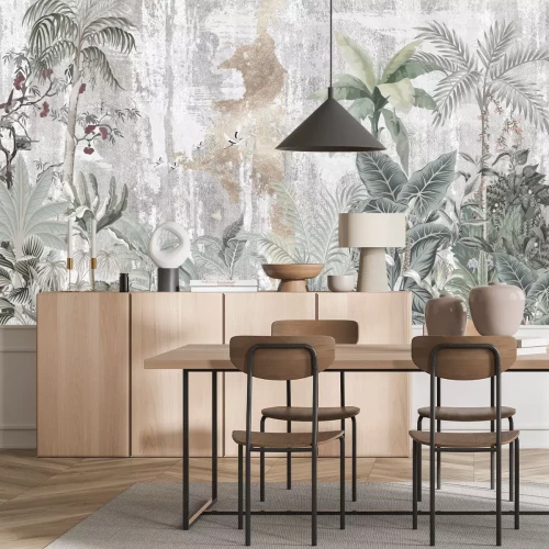 Fotobehang Tropische junglebomen en vogels op een betonnen achtergrond