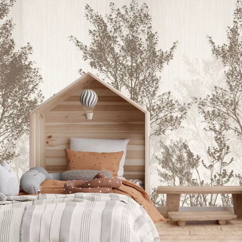 Fotobehang Bruine bomen op een beige achtergrond, bloemenpatroon