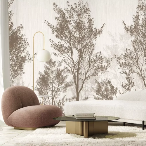 Fotobehang Bruine bomen op een beige achtergrond, bloemenpatroon