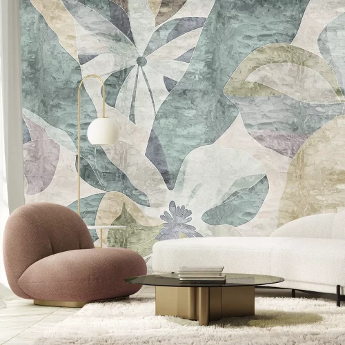 Fotobehang Abstracte stijl bladeren en bloemen op een gestructureerde achtergrond