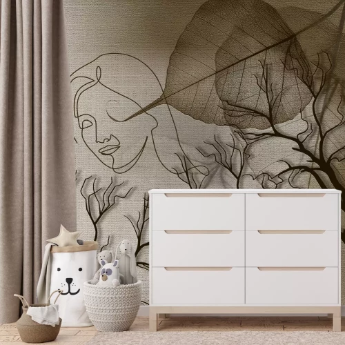 Fotobehang 3D-schets van een vrouw tussen bomen en bladeren