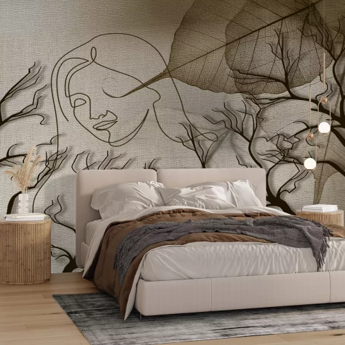 Fotobehang 3D-schets van een vrouw tussen bomen en bladeren