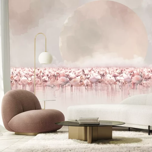 Fotobehang Flamingo's tegen een aquarellandschap met volle maan