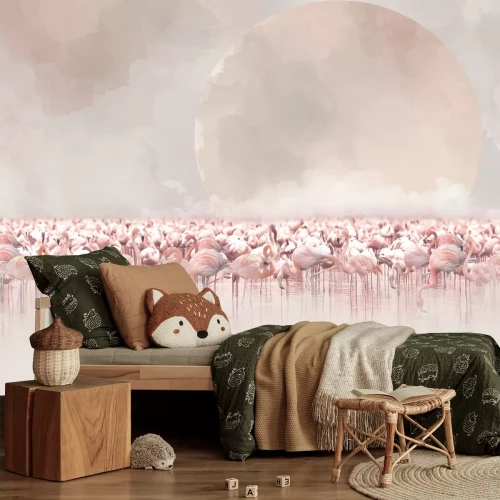 Fotobehang Flamingo's tegen een aquarellandschap met volle maan