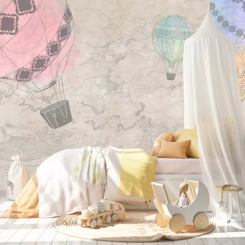 Fotobehang Kleurrijke ballonnen tegen een beige landschapsachtergrond