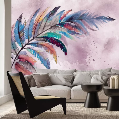 Fotobehang Kleurrijke veer op een aquarelachtergrond