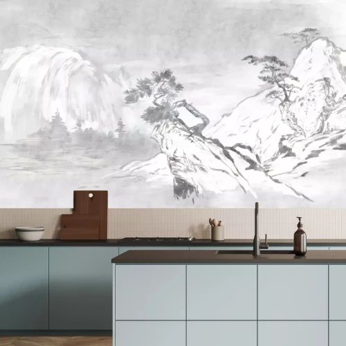 Fotobehang Chinees landschap met bomen op rotsen