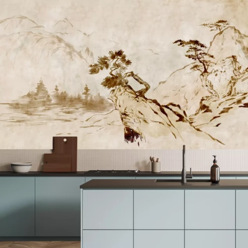 Fotobehang Bomen op de rotsen, een schilderachtig landschap in Chinese stijl