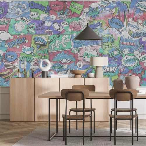 Fotobehang Achtergrondpatroon van een stripboek met tekstballonnen en opschriften in een jeugdige stijl